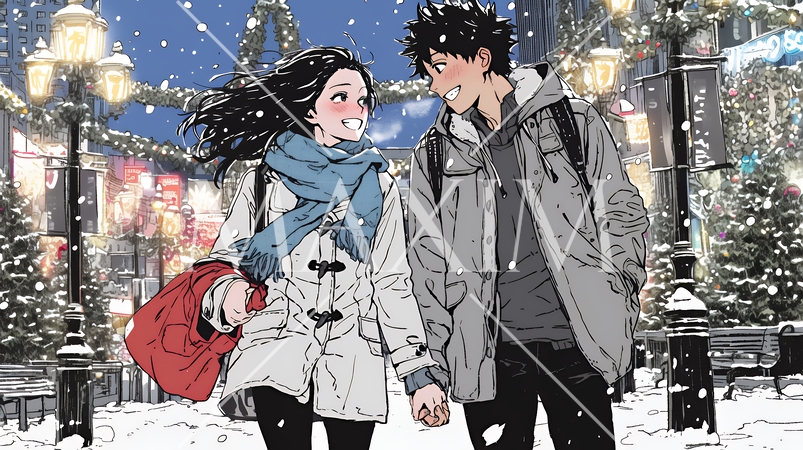 クリスマスのデートを楽しんでいる若いカップル