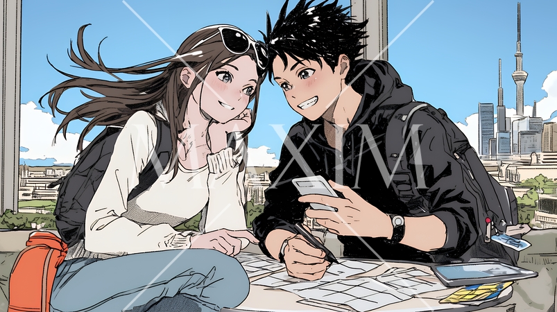 仲良く二人で旅行の計画を立てている若いカップル