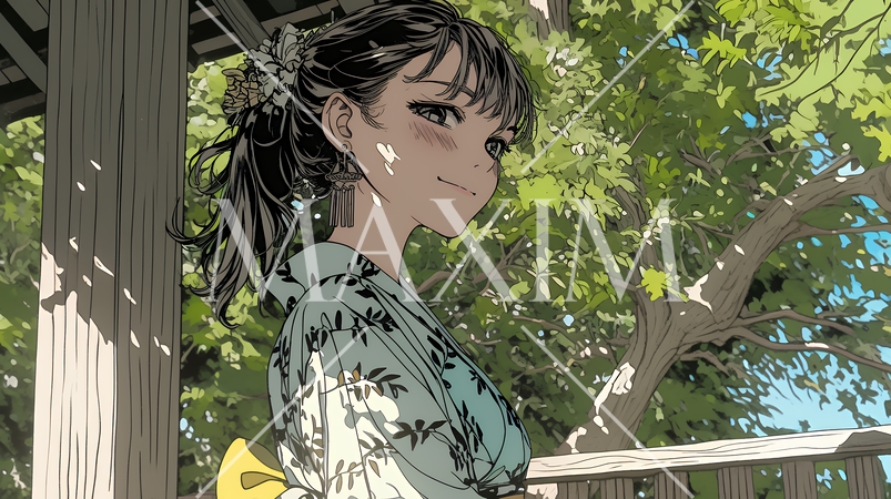 浴衣姿で夕涼みをしている若い女性