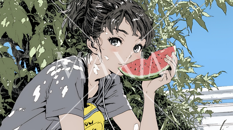 スイカを食べている若い女性