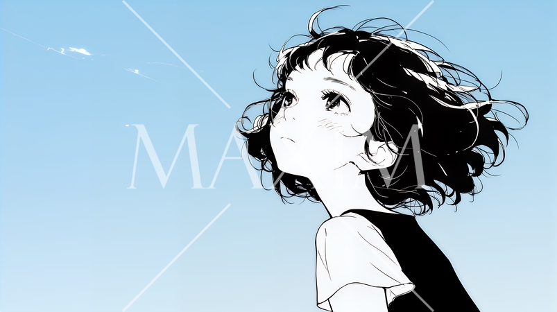 ぼんやり空を見上げている若い女性（シンプルな色使い）