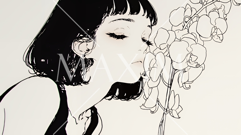 蘭の花と若い女性（シンプルな色使い）