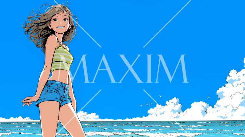 コピースペースのある南国の海と空と若い女性の背景