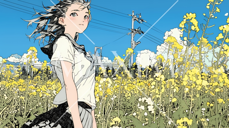 春風の中、菜の花畑にいる制服姿の女子高生