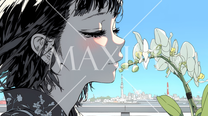 蘭の花と若い女性