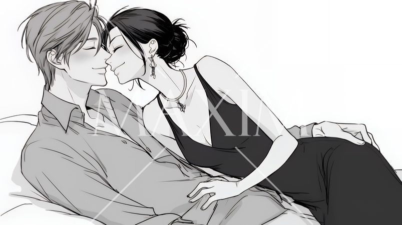 大人の時間：ソファーの上でいちゃついている若い男女（シンプルな色使い）