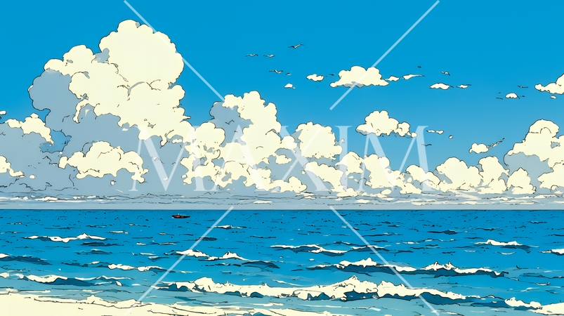 夏の青い空と青い海と白い雲のコントラスト