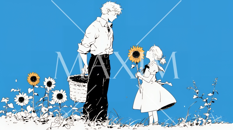 ひまわりと女の子と父親（シンプルな色使い）