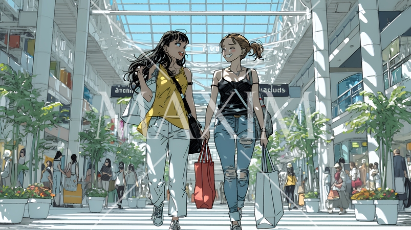 女友達と一緒にショッピングモールを歩き回る若い女性