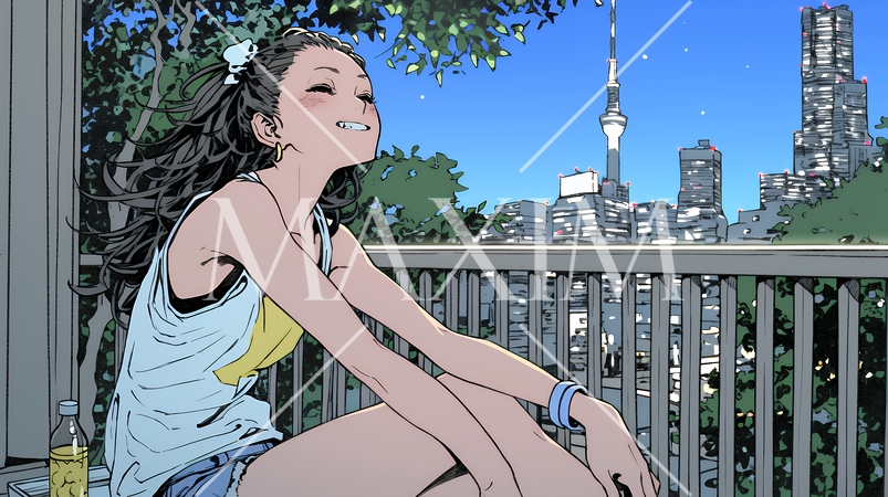 ベランダで夜風に当たりながら都会のランドスケープを眺め休む若い女性