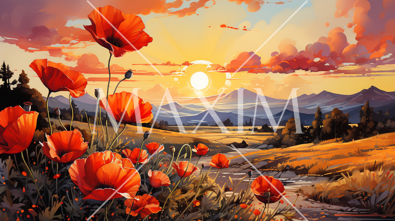 夕暮れ時のポピー畑