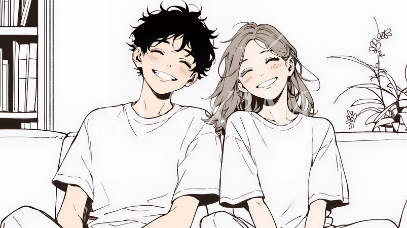 幸せそうなカップル：リビングルームて談笑（シンプルな色使い）