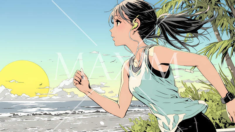 夕方の海を背景にジョギングをする若い女性