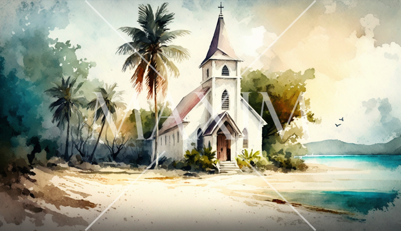 海辺に建つ教会（チャペル）の水彩画