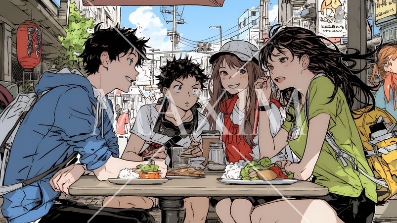 親しい仲間とファーストフード店で食事をしている若者たち