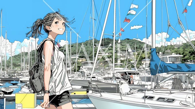 沖縄のヨットハーバーに立つ若い女性