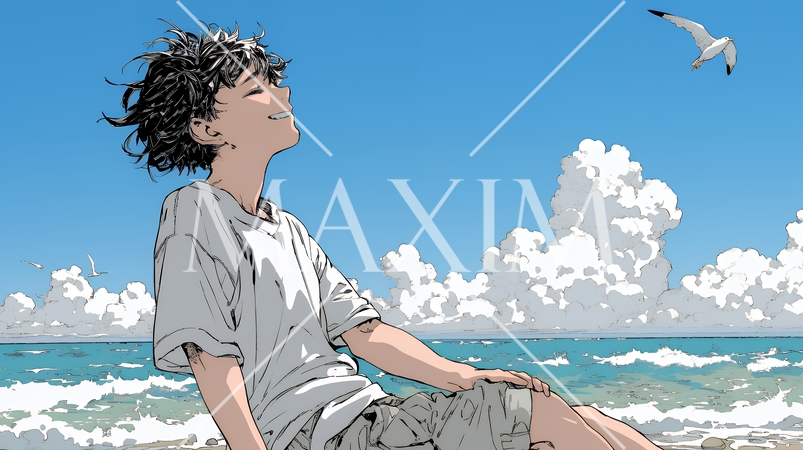 潮風の心地よさを満喫している若い男性