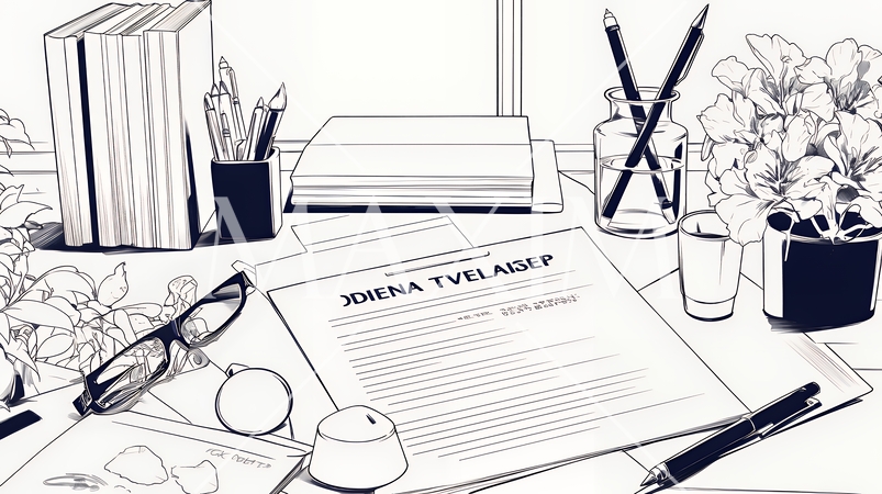 書類の置かれた事務机（シンプルな色使い）