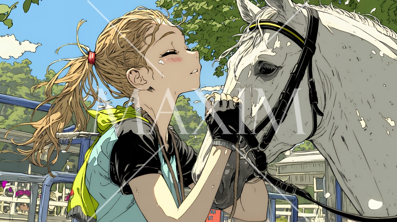 馬の世話をしている若い女性