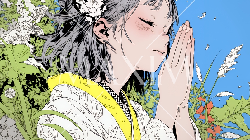 手を合わせてお祈りをしている和服姿の若い女性