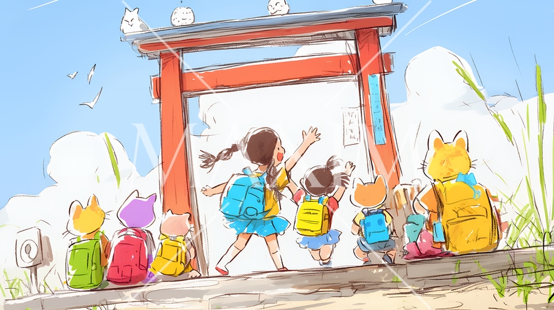 小学生の夏の思い出：みんなで近所の秘境を探検（クレヨン＋水彩画風）