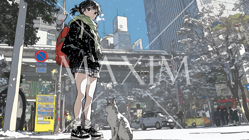 雪の積もる冬の都会を散策している若い女性