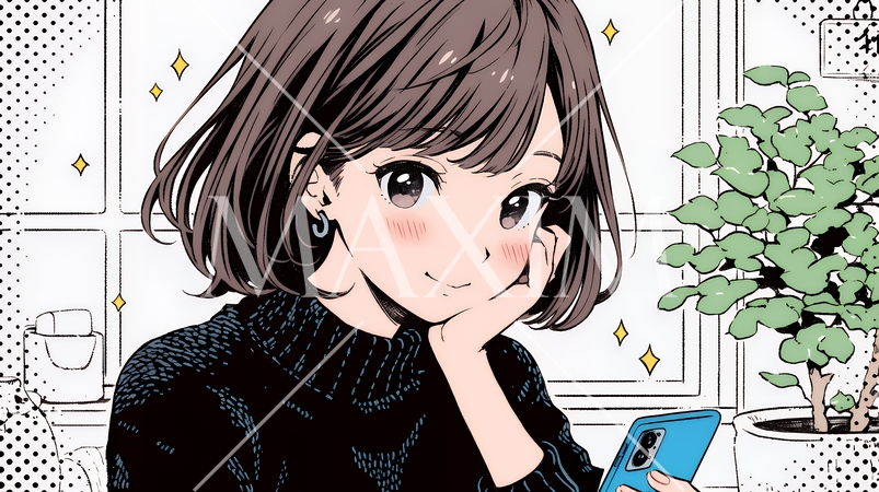 楽しそうにスマホ画面を眺めている若い女性