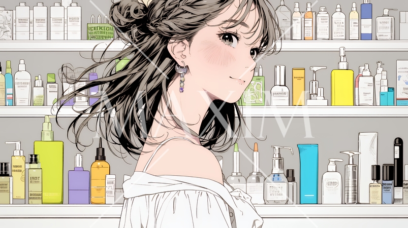 ドラッグストアでコスメを選ぶ若い女性