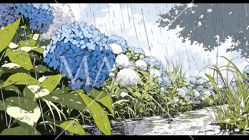 満開のアジサイと梅雨の雨