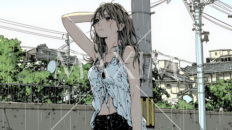 夏の急な雨でびしょ濡れの若い女性