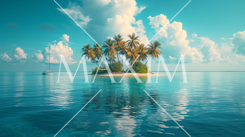 南洋の孤島とヨットと青い海と青い空：精緻CG