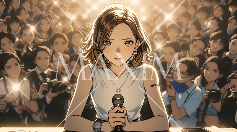 取材陣から共同インタビューを受けている若い女性（タレント）