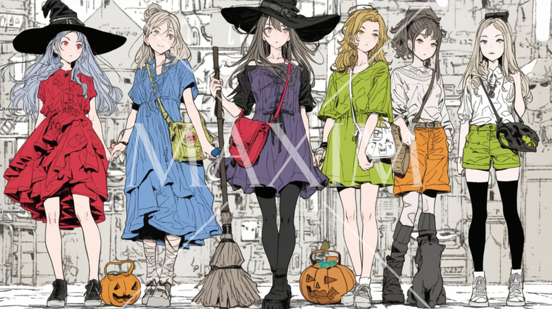 仲間とハロウィンイベントに参加する若い女性たち