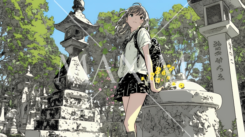 墓参りをしている若い女性