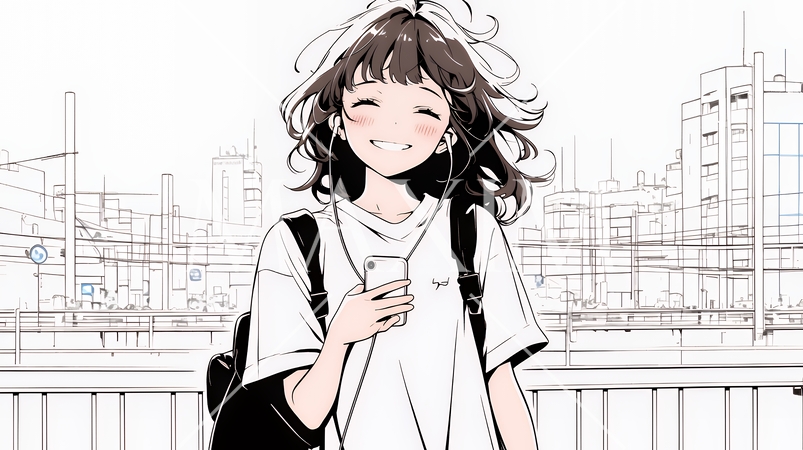 嬉しそうな表情でスマホを使っている女性（シンプルな色使い）