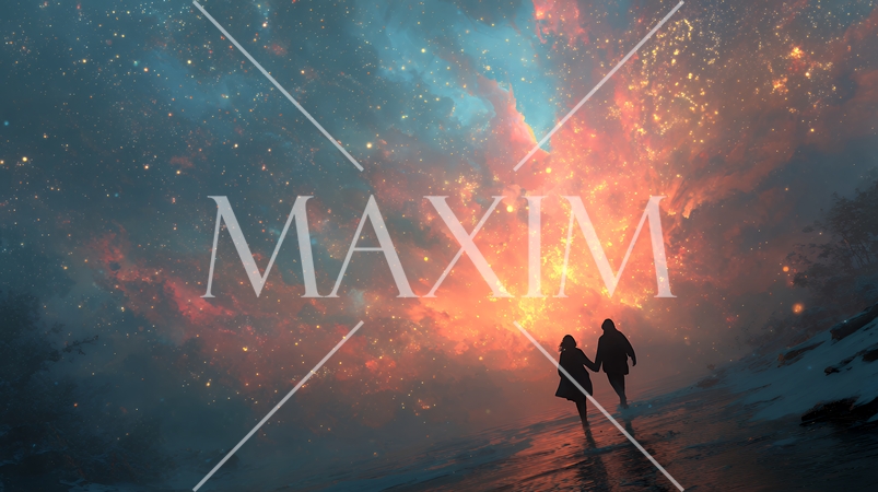 宇宙空間で二人で手を取り合う恋人たち