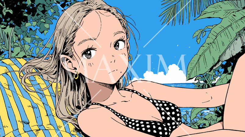 ビーチマット横たわるビキニを着た女性