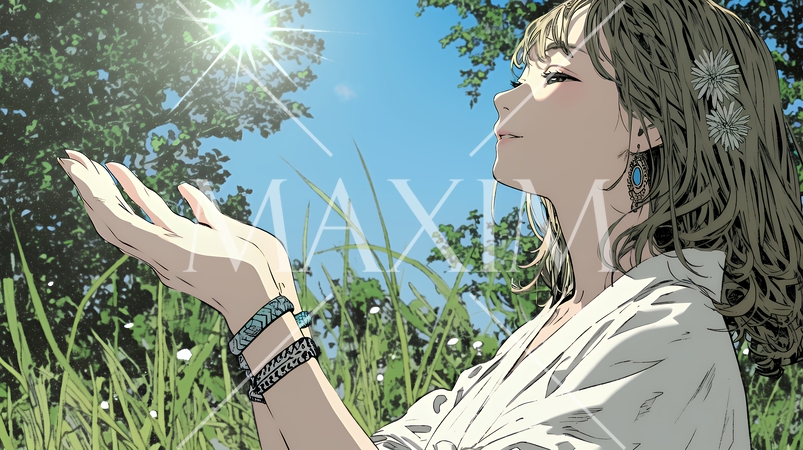 太陽を手のひらに乗せているように自撮りしている女性