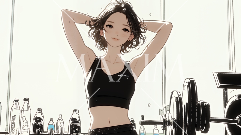 休日にジムで軽く運動する若い女性（シンプルな色使い）