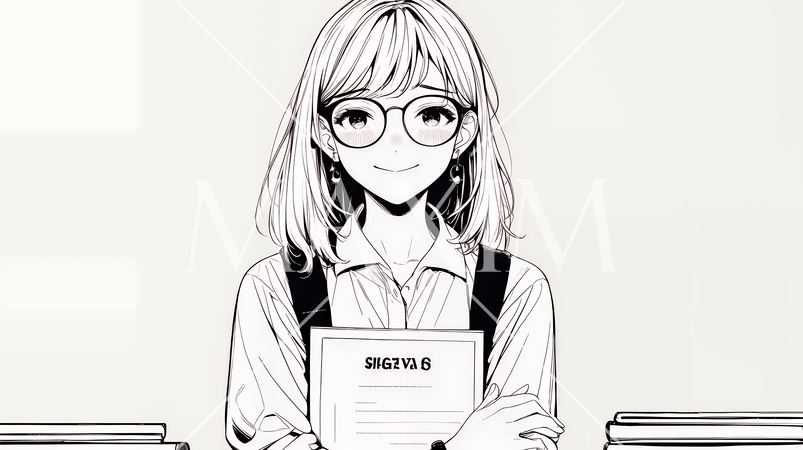 書類を確認するビジネスウーマン（シンプルな色使い）