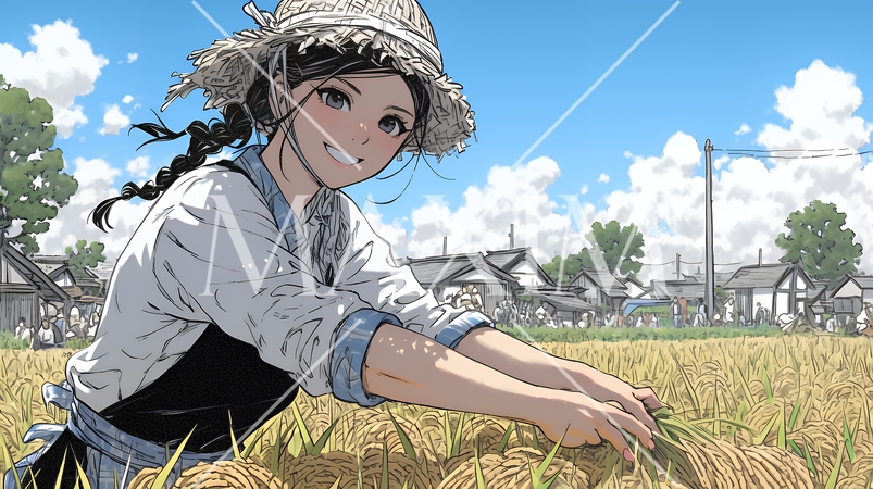 田んぼで農作業をしている女性