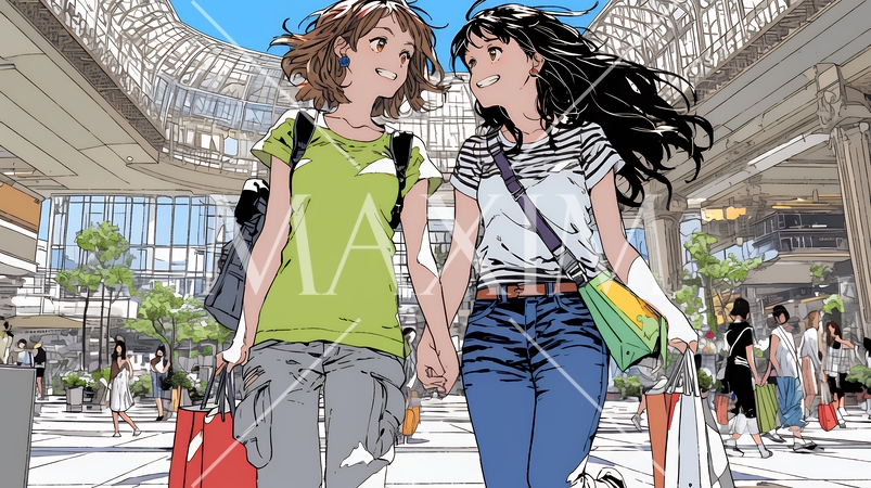 女友達と一緒にショッピングモールを歩き回る若い女性