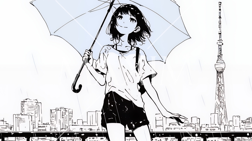 雨の日に傘をさして歩く若い女性（シンプルな色使い）