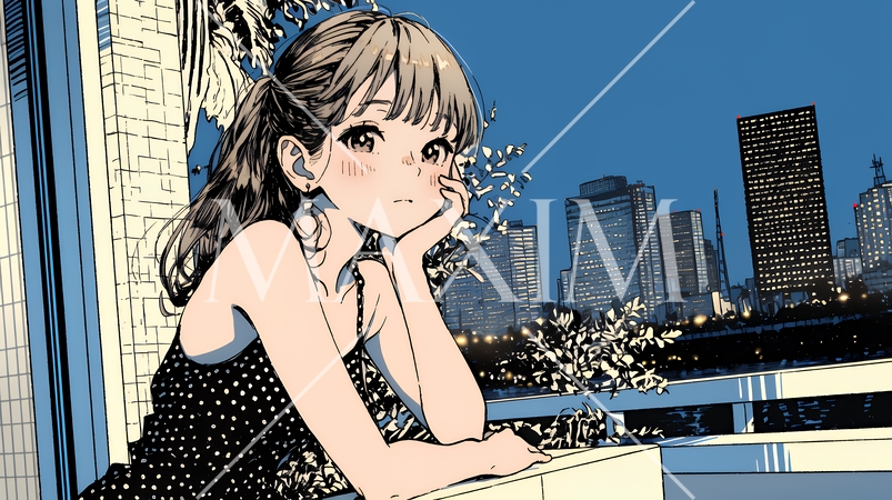 ベランダで夜風に当たりながら都会のランドスケープを眺め休む若い女性