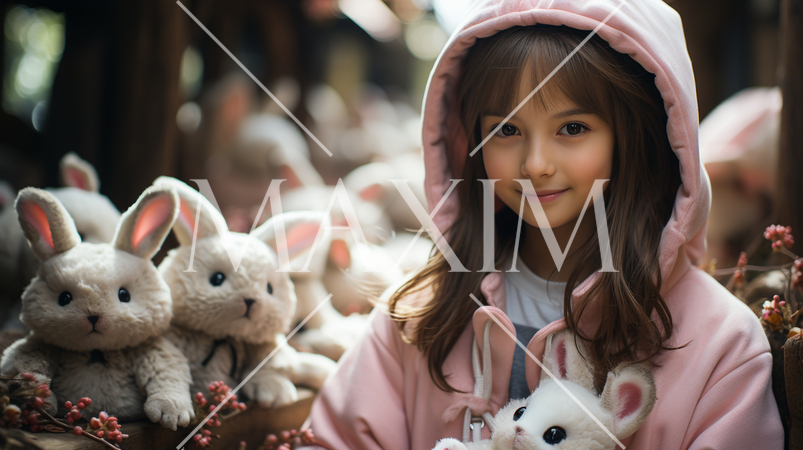 プレゼントをもらってうれしそうな女の子：バニーガール：たくさんのウサギのぬいぐるみに囲まれたアリス