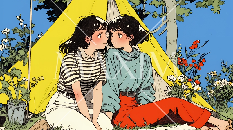 女友達と一緒にテントキャンプを楽しむ若い女性