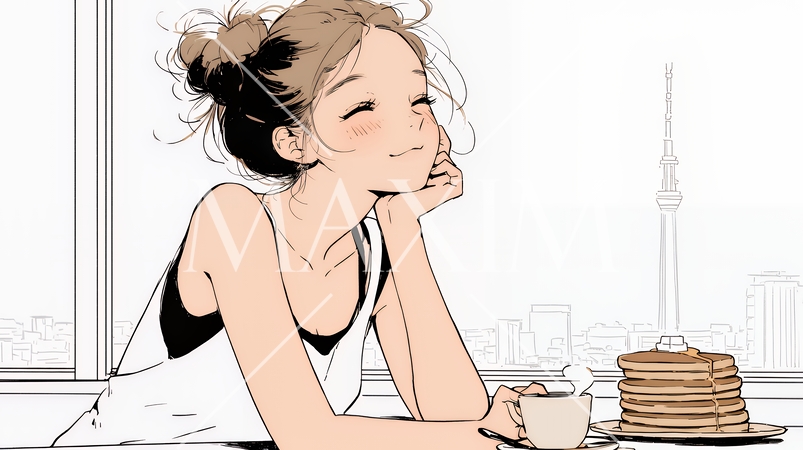 早朝のダイナー（喫茶店）でパンケーキ（モーニングセット）を食べる若い女性（シンプルな色使い）