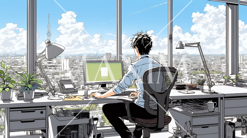 職場のデスクでパソコンに向かって仕事をしているビジネスマン