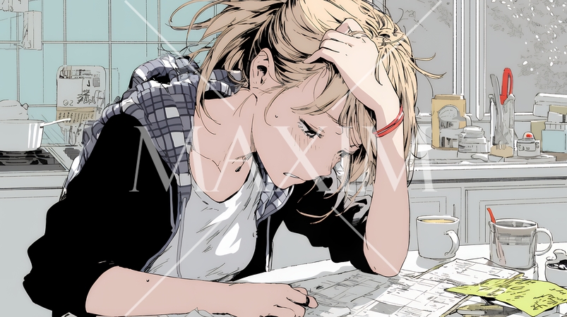 家計簿が赤字：心配事を抱えて憂鬱な気分の若い女性