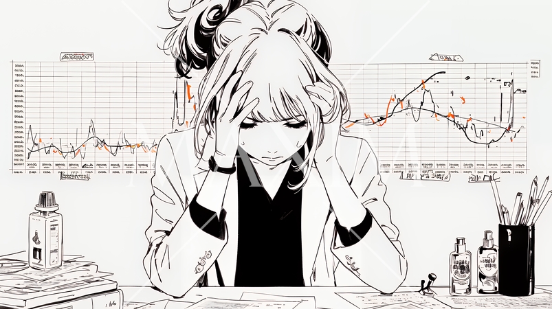 金融市場の急激な変動で頭を抱えている女性（シンプルな色使い）
